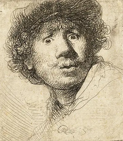 Selbstporträt in einer Kappe, mit weit aufgerissenen Augen und offenem Mund Rembrandt